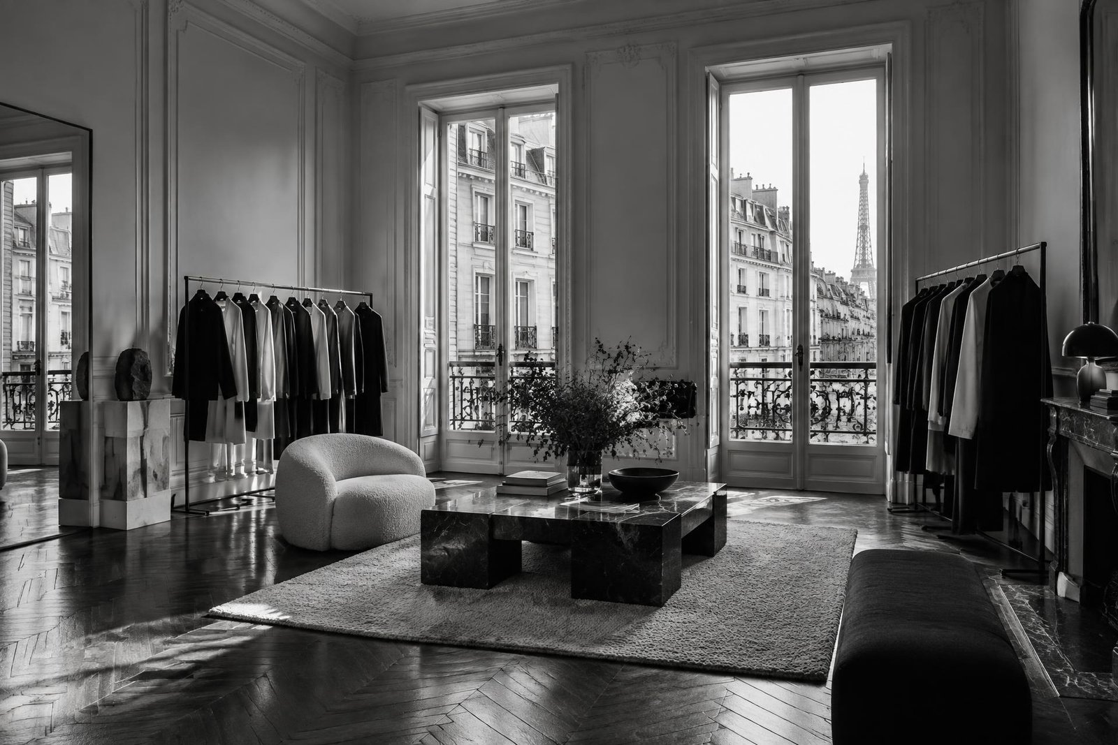 Editorial placeholder of a Paris fashion showroom